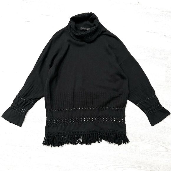 ESCADA Wool Cashmere Turtleneck Fringe Sweater Size 40 Black - Picture 1 of 6